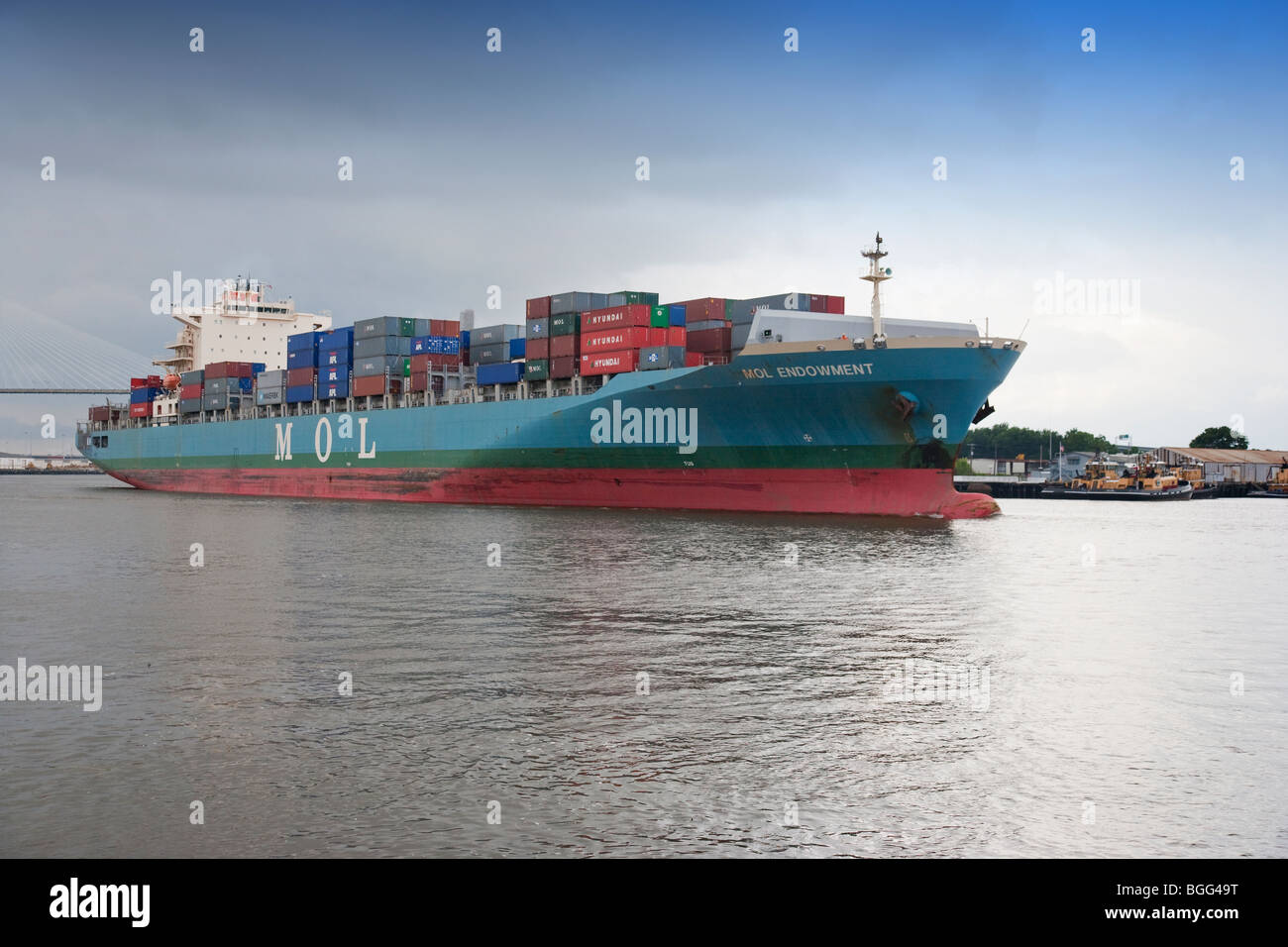 Container-Frachtschiff, Savannah River. Stockfoto