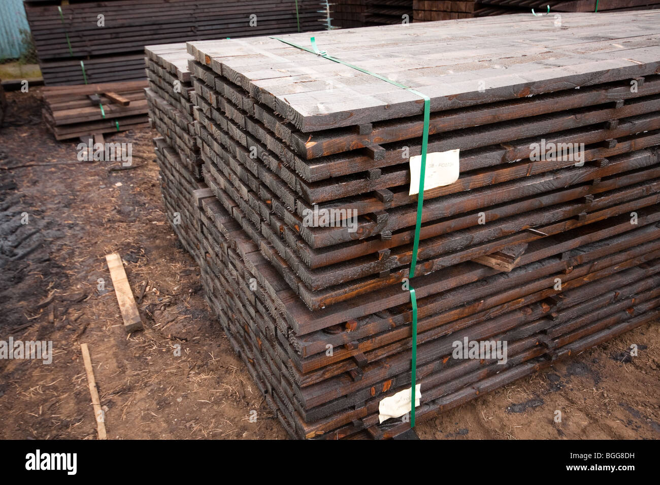 Moderne behandelt hölzerne Fechten in Stacks am Holzhändler, England Stockfoto