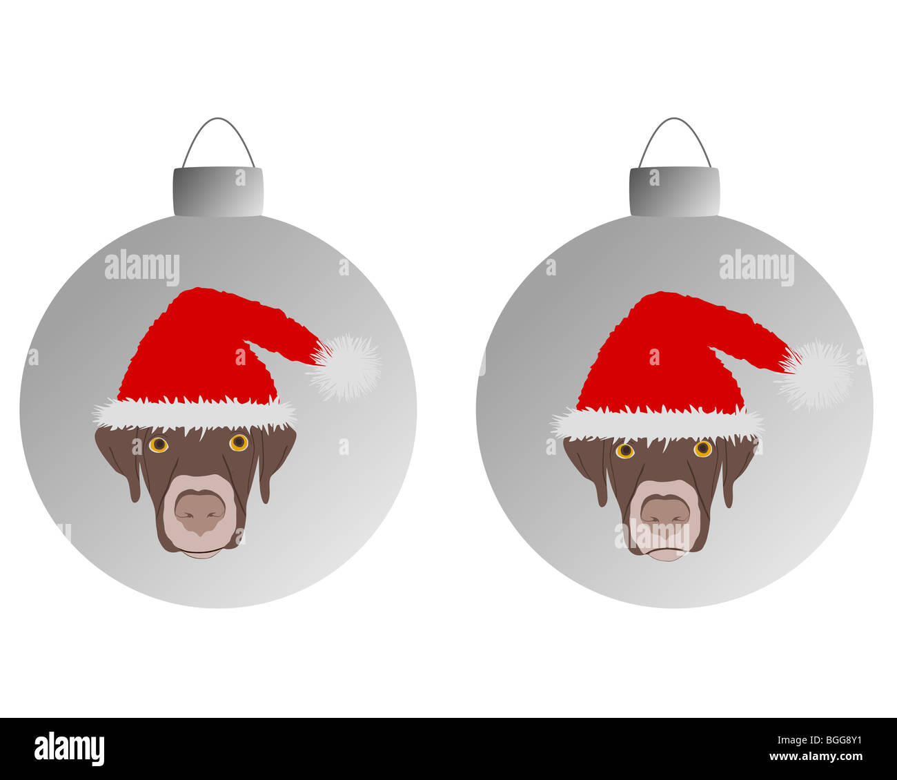 Lachender Hund mit roten Weihnachtsmann-Kappen auf Weihnachtskugel Stockfoto