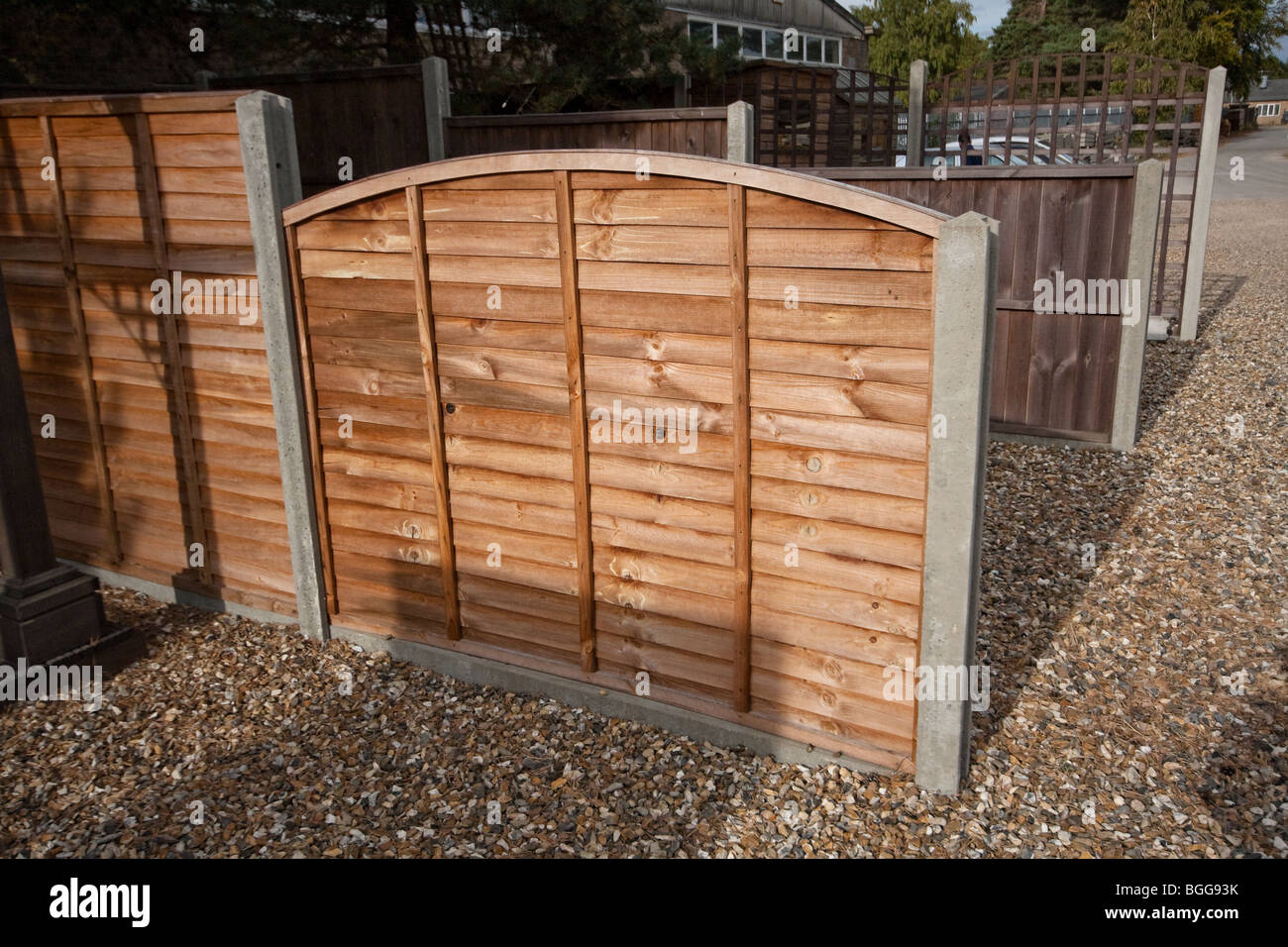 Moderne behandelt hölzerne Umzäunung mit Betonpfeilern an Holzhändler, England Stockfoto