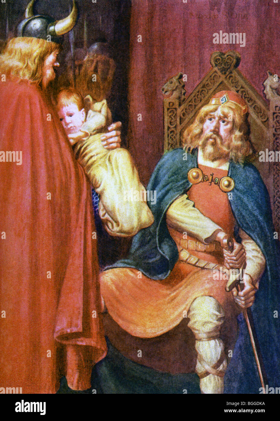Nordischen Krieger Hauk legt König Hakon Sohn auf Knie des englischen König Athelstan für den König, das Kind zu bringen. Stockfoto