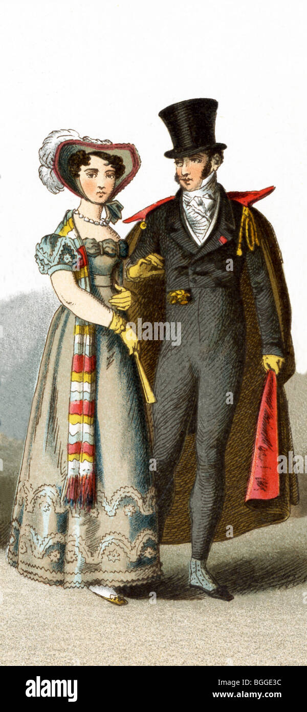Hier abgebildet sind eine deutsche Dame im Jahre 1818 und 1820 Gentleman. Die Abbildung stammt bis 1882. Stockfoto