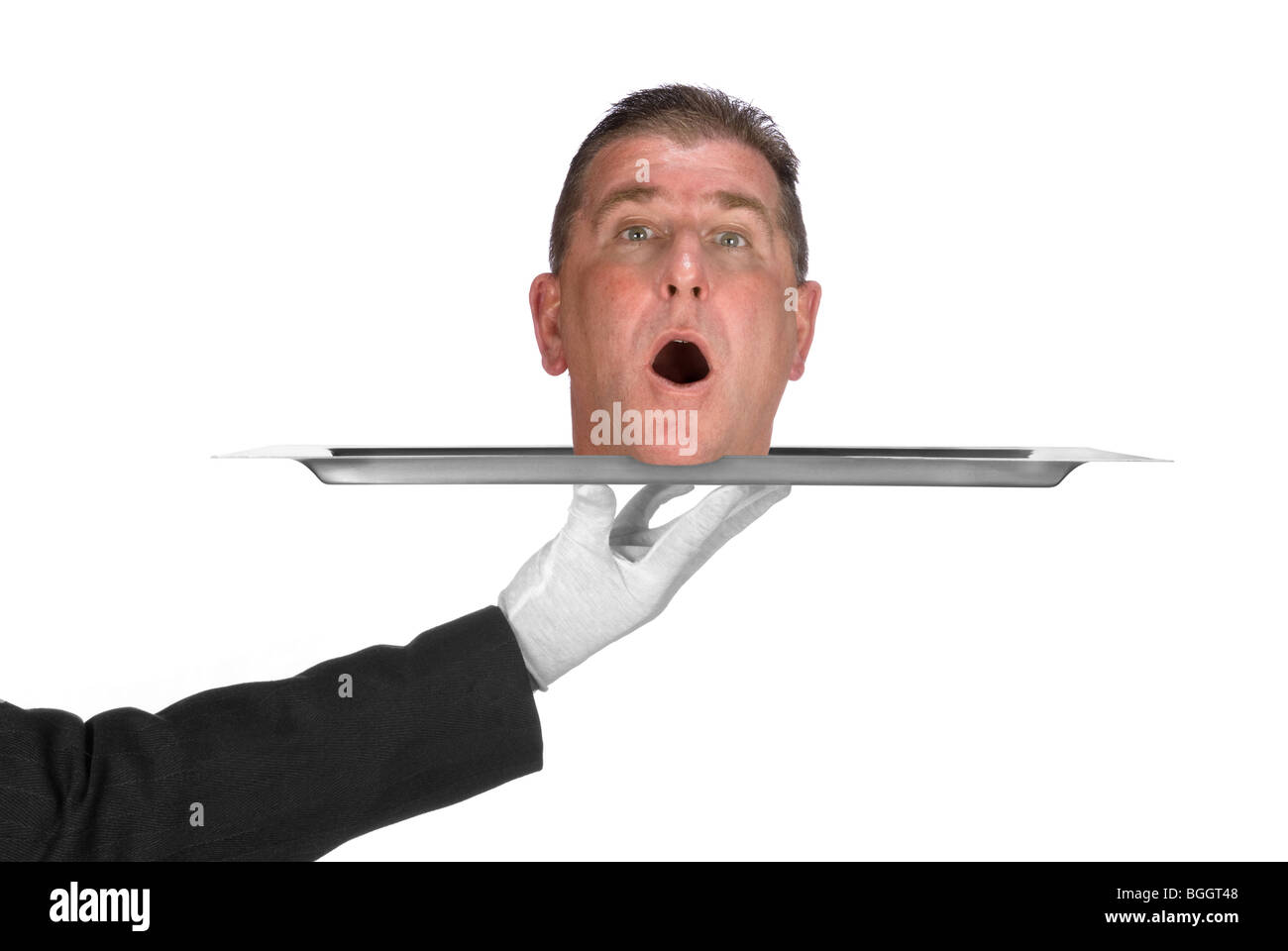 Eine Leiter wird von einem Kellner auf einem Teller serviert. Bild wurde für den Einsatz als keinen Ärger Rückschluss wie Business und Kriminalität erschossen. Stockfoto