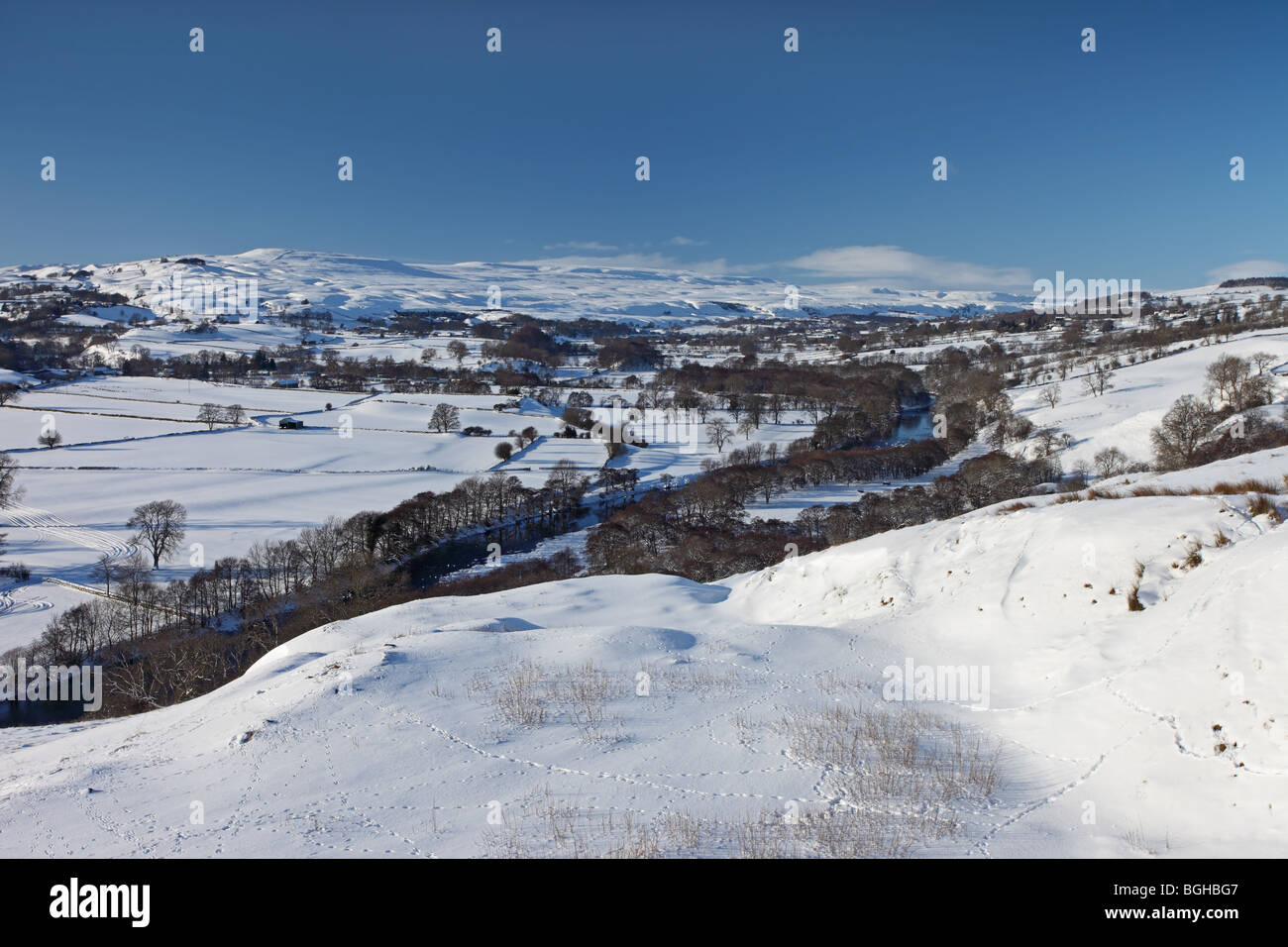 Den Fluss Tees aus Pfeife Crag im Winter Teesdale County Durham Stockfoto