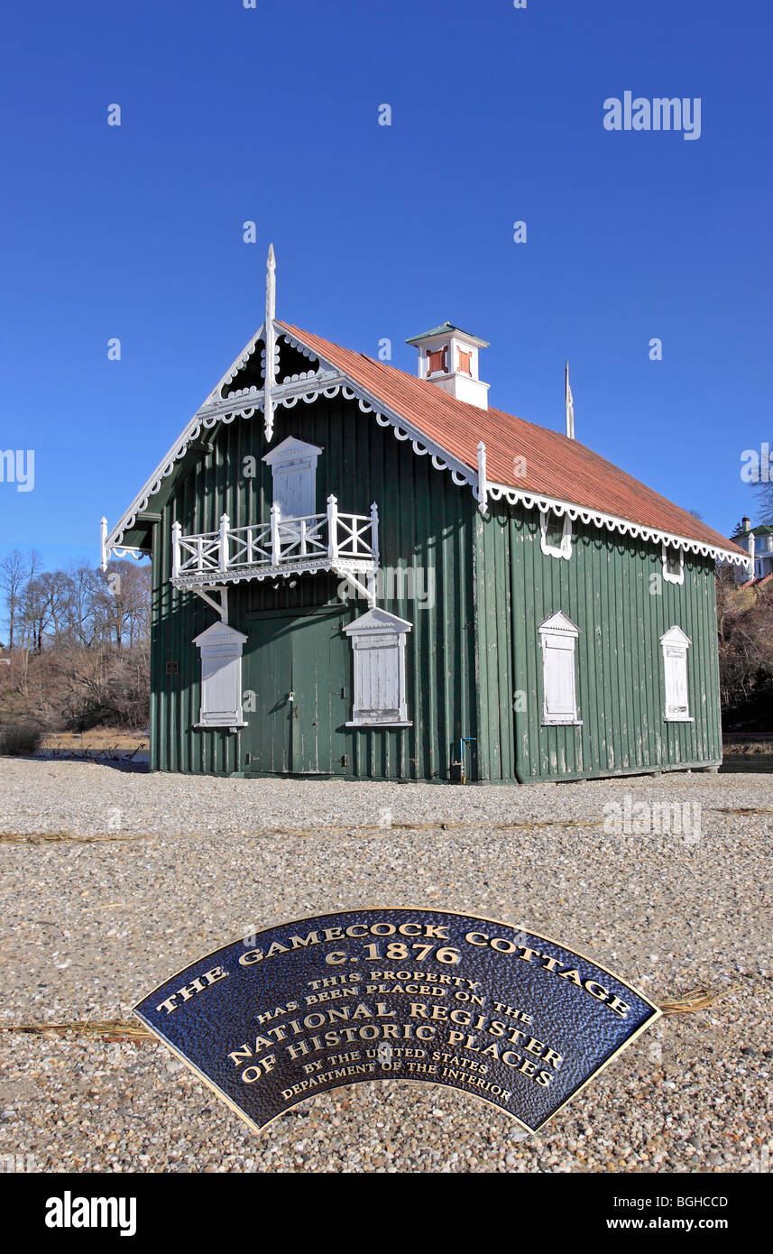 Die historischen Gamecock-Hütte, Stony Brook Hafen, Long Island, NY Stockfoto