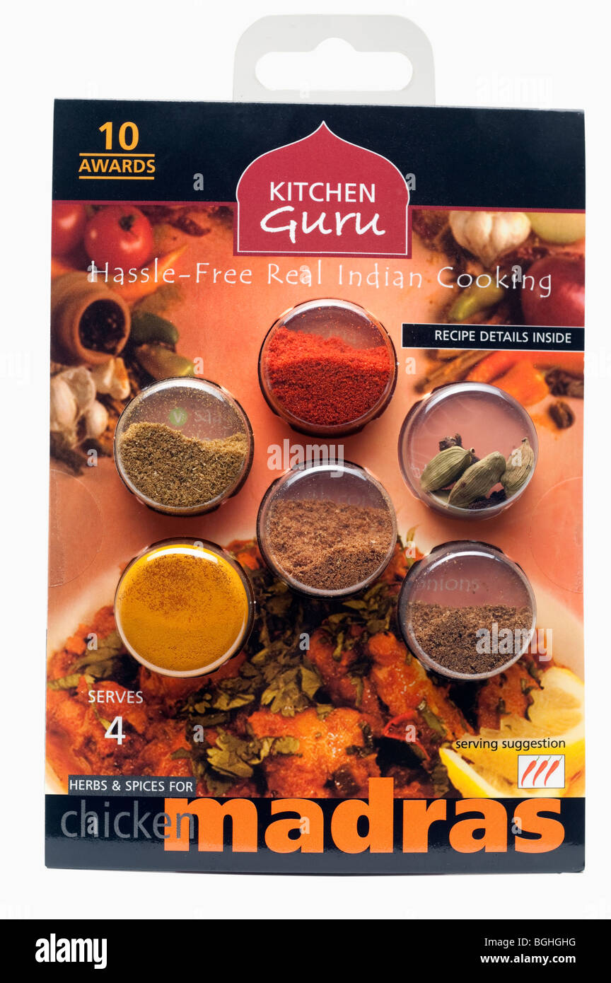 "Küche-Guru" gemischtes Paket indischer Gewürze für "Chicken Madras" Stockfoto