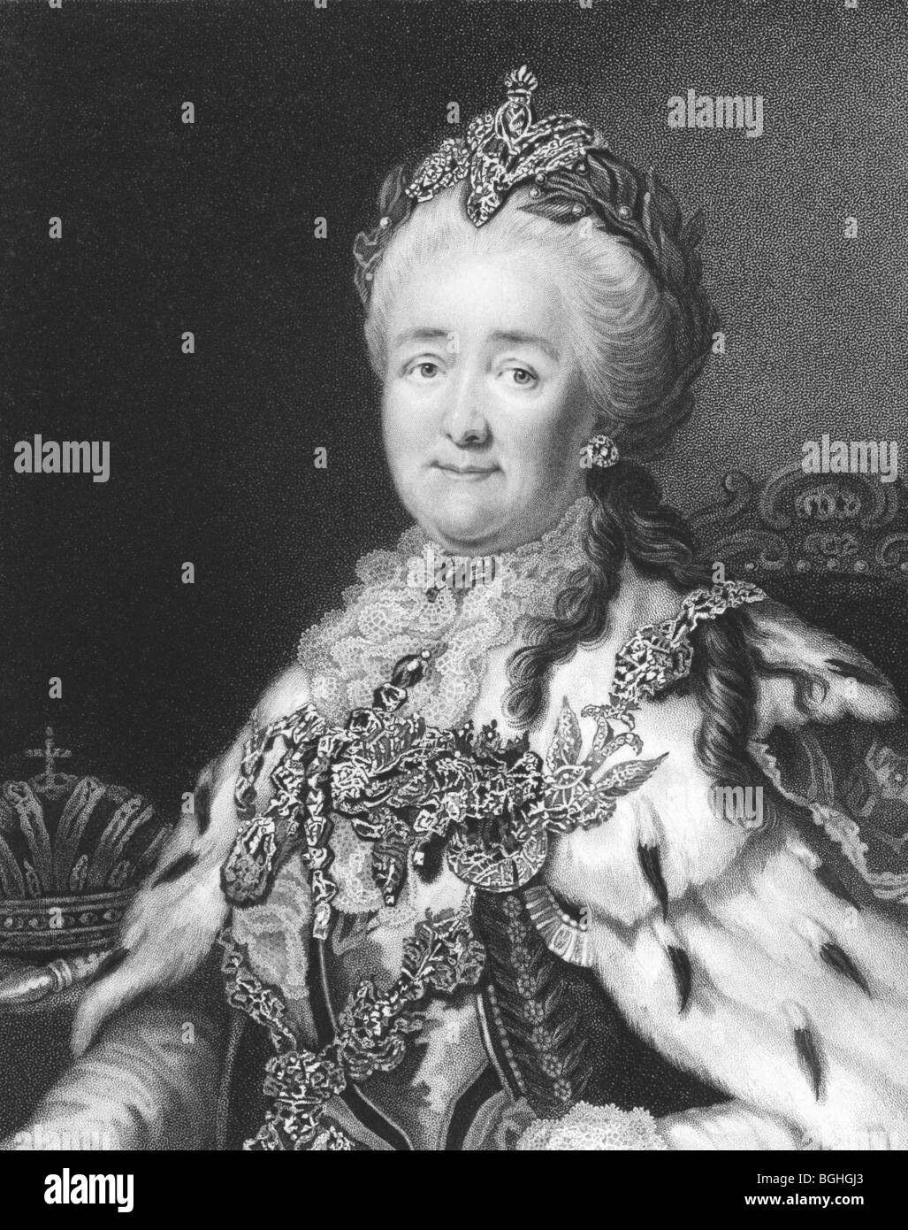 Katharina II. von Russland auf Gravur aus den 1850er Jahren. Kaiserin von Russland from1762, 1796, auch bekannt als Katharina die große. Stockfoto