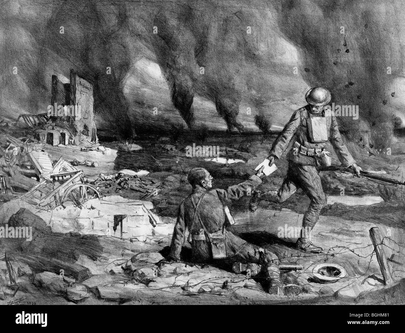 Läufer, die Arbeit in einer Flut im ersten Weltkrieg Stockfoto
