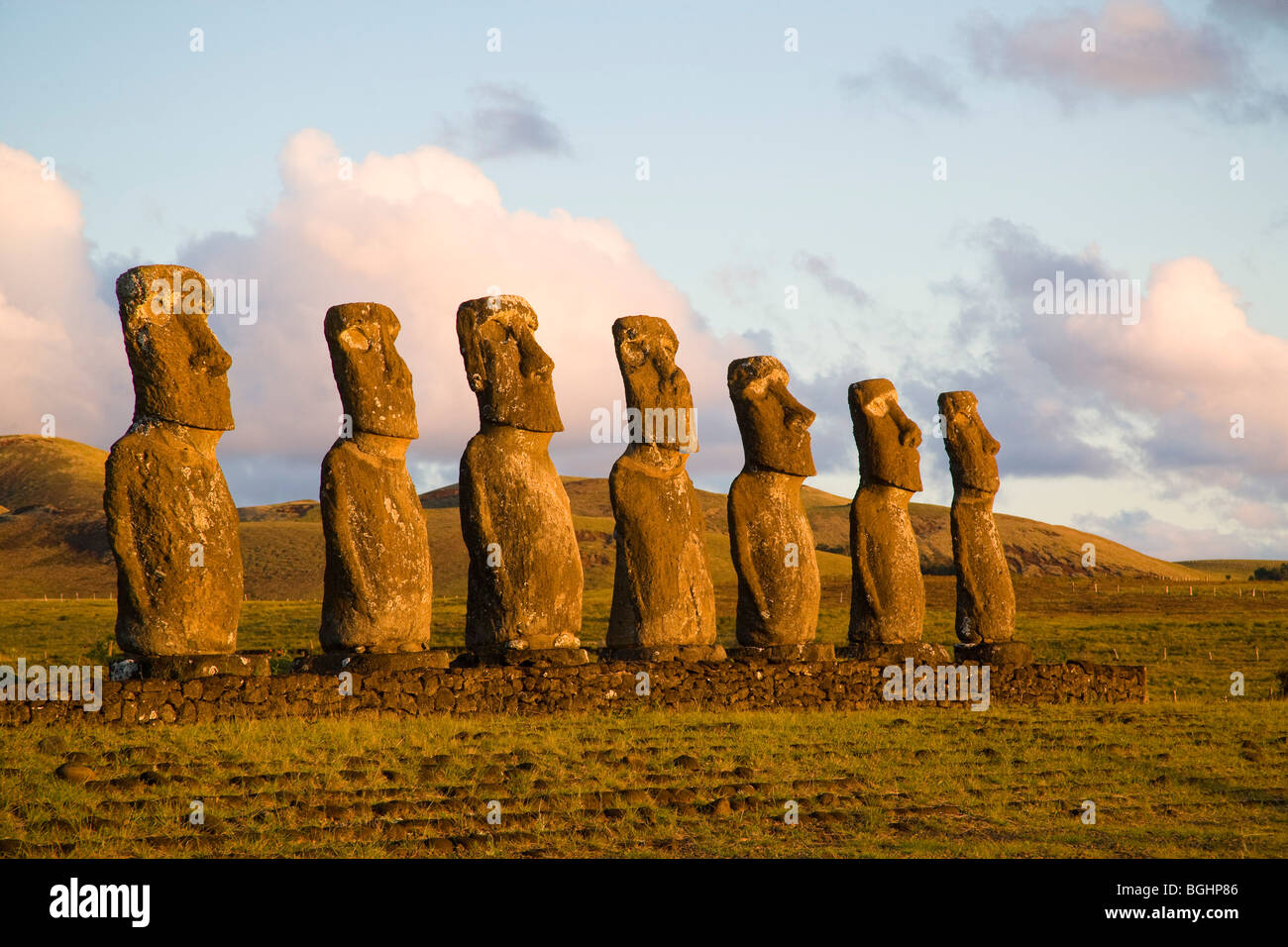 Chile, Osterinsel, Rapa Nui, Isla de Pascua, Polynesien, die sieben Moais Ahu Akivi Stockfoto
