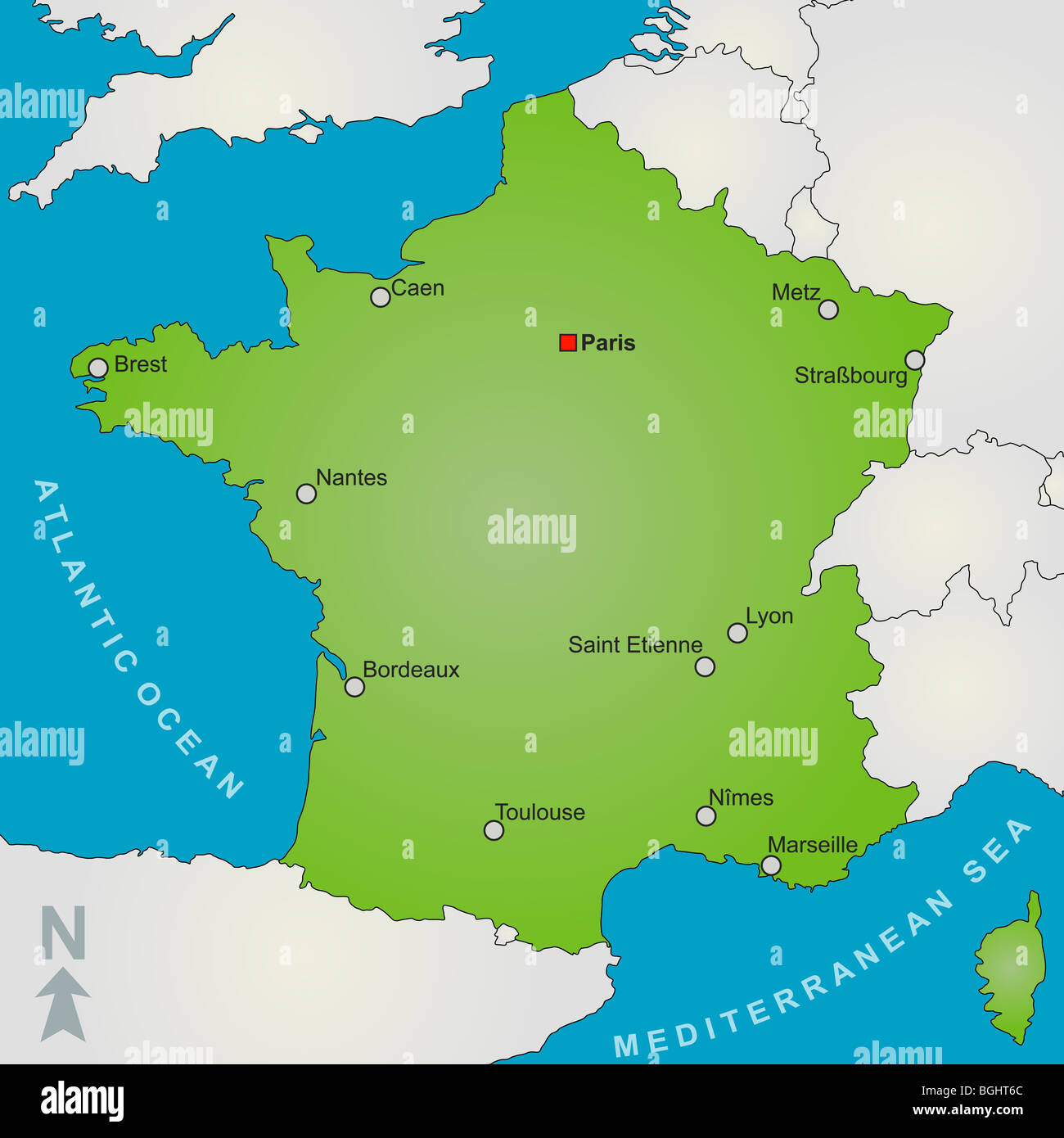 Eine stilisierte Karte von Frankreich zeigt mehrere Großstädte und nahe gelegene Länder. Stockfoto