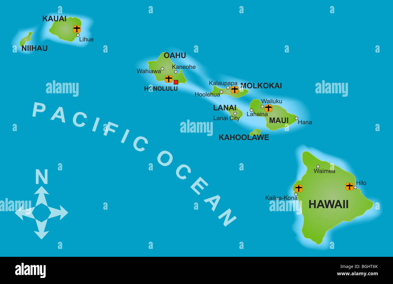 Eine stilisierte Mapof der Insel von Hawaii und alle benachbarten Inseln. Stockfoto