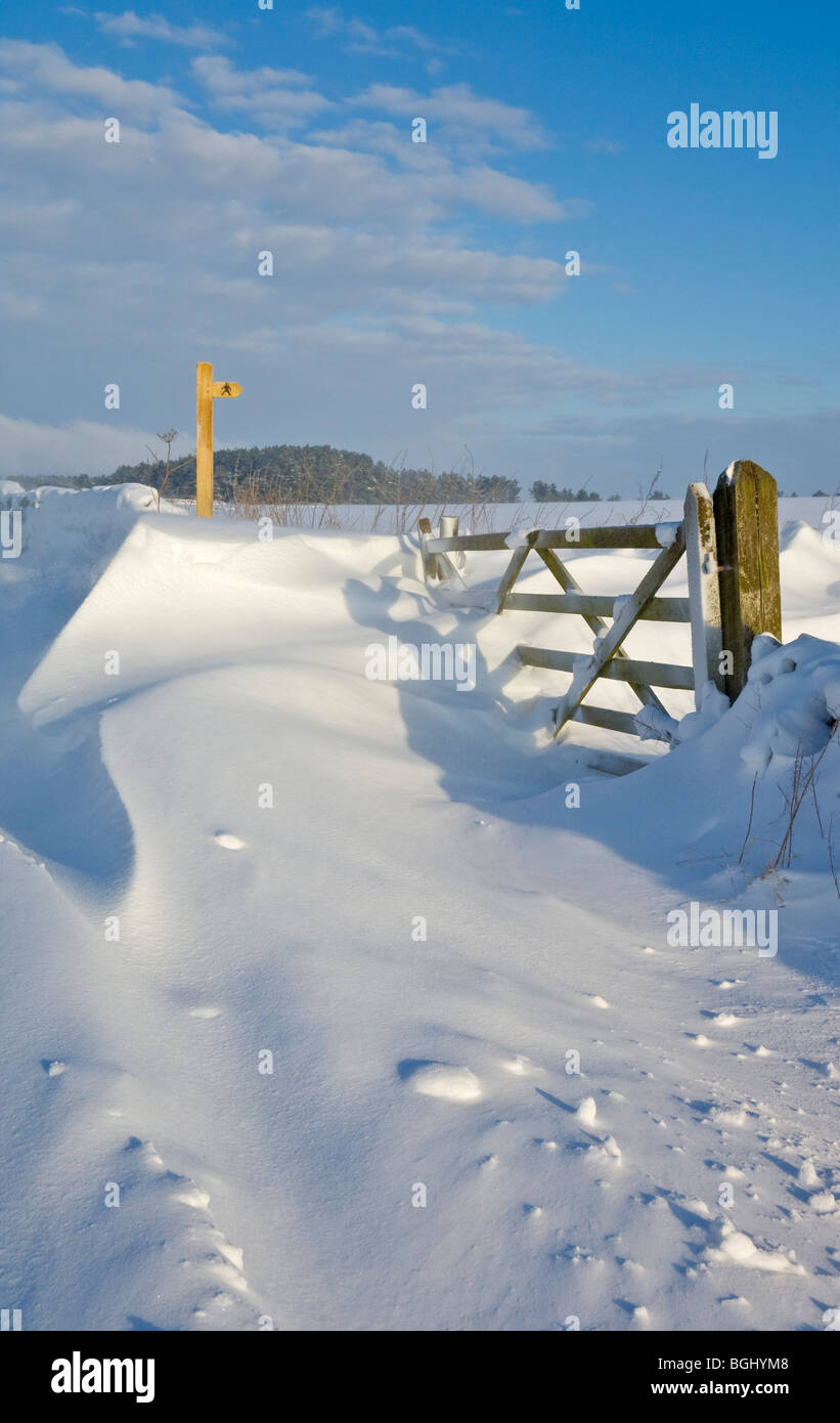 Triebschnee für ein Tor, öffentlichen Fußweg Zeichen, Wände und Felder Derbyshire Peak District England Stockfoto