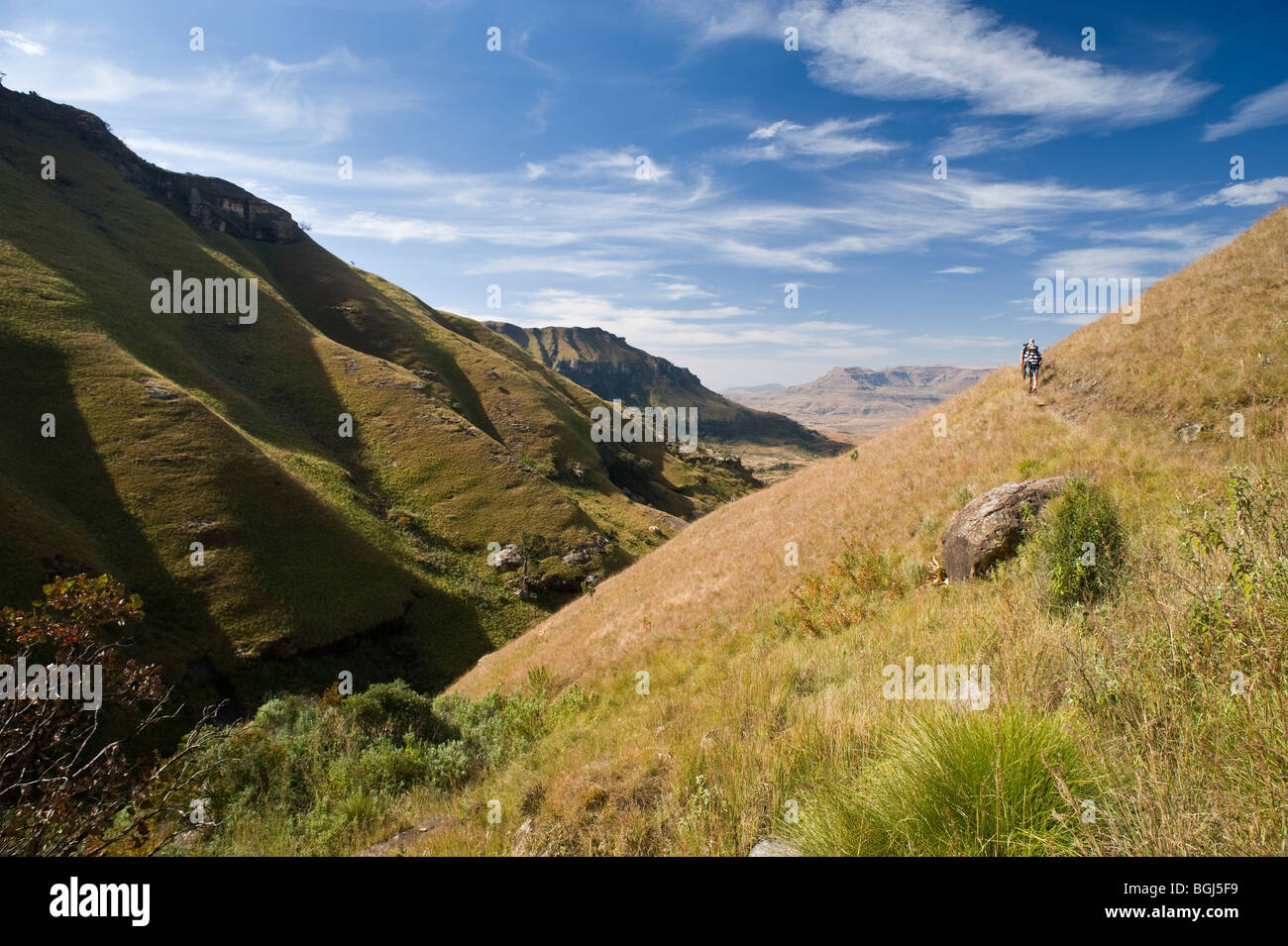 Wanderer zu Fuß entlang einer Kontur Weg in der Cathedral Peak, Drakensberg Ukhahlamba Nationalpark, Kwazulu Natal, Südafrika Stockfoto