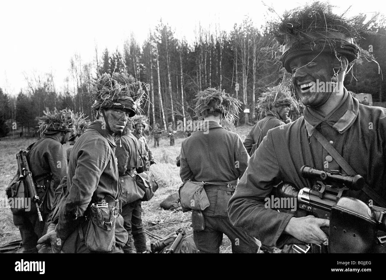Schwedische Wehrpflichtigen Soldaten bei Manövern 1988. K3-Ranger-Bataillon, Karlsborg, Schweden. Stockfoto
