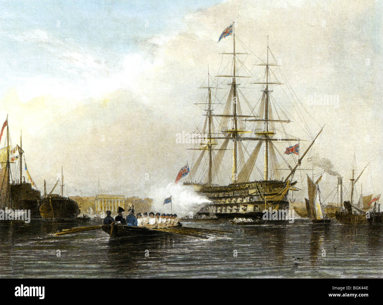 HMS VICTORY einen Salut feuern bei Gosport 1842 - beachten Sie das Dampfantrieb Schiff auf der rechten Seite Stockfoto