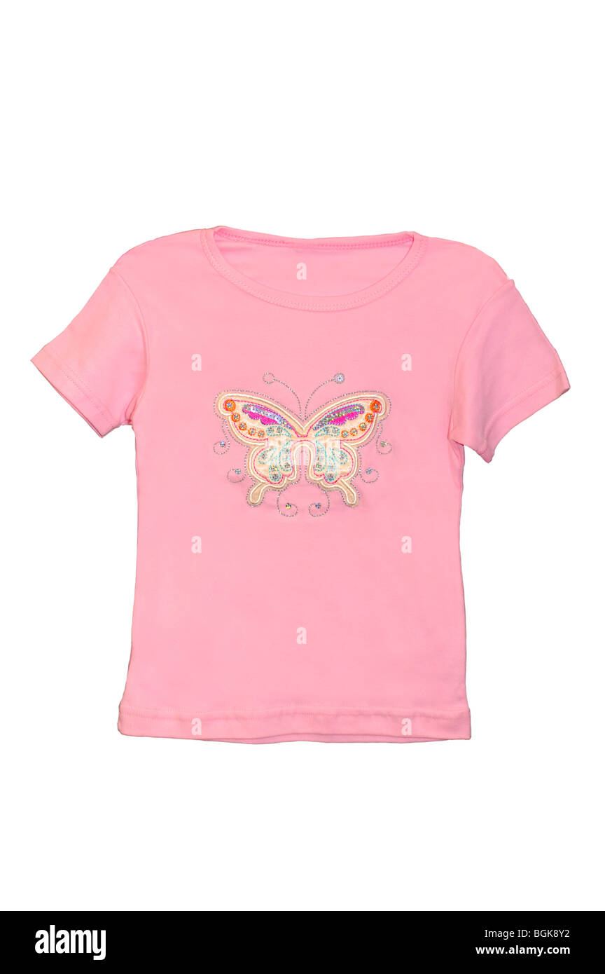 Kinderkleidung rosa T-shirt mit Schmetterling Muster isoliert auf weiss Stockfoto