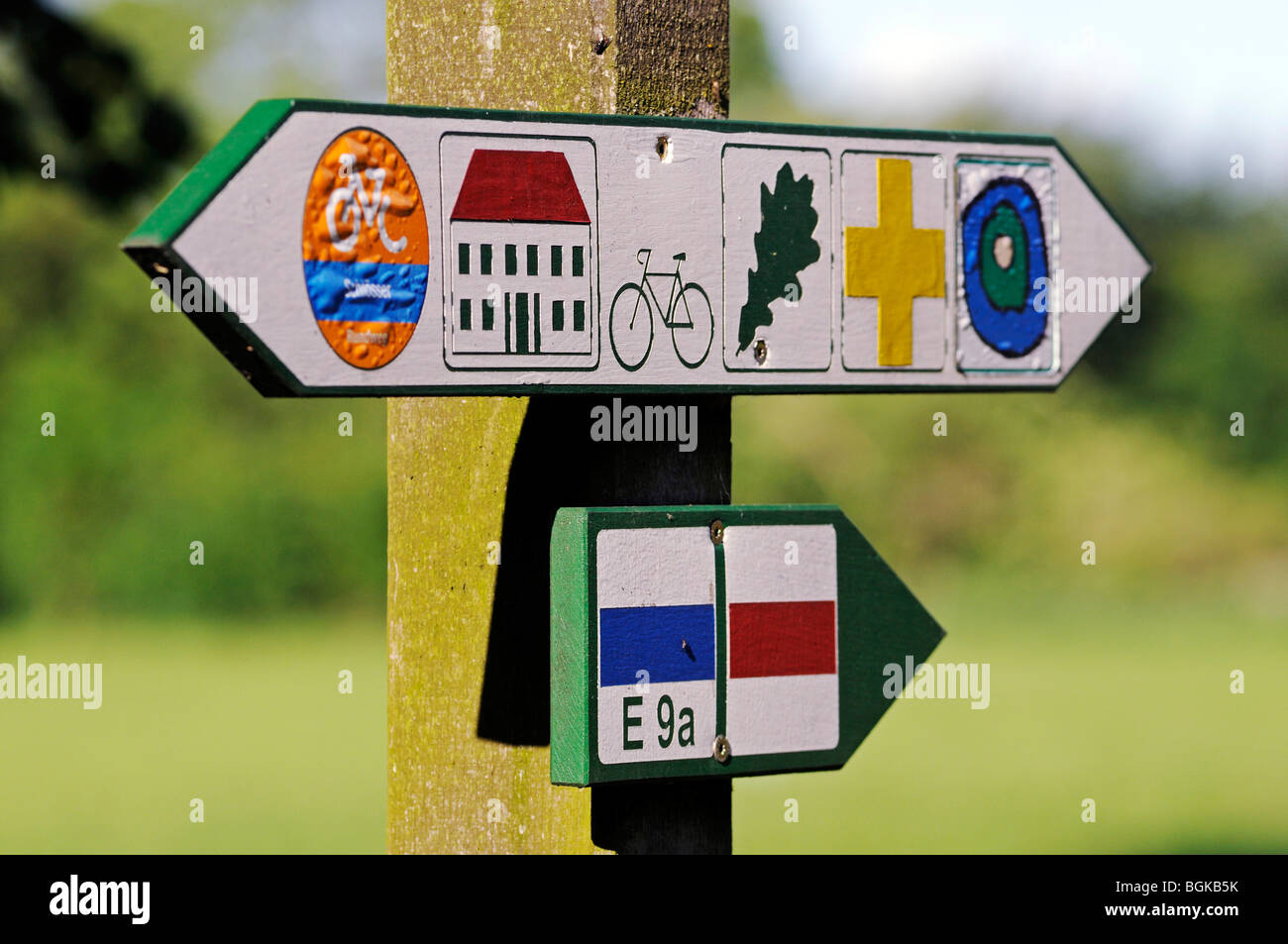 Wegweiser mit Piktogrammen im Schlosspark von Schloss Basedow, entworfen von Peter Joseph Lenne, Pomerani Mecklenburg-Vorpommern Stockfoto