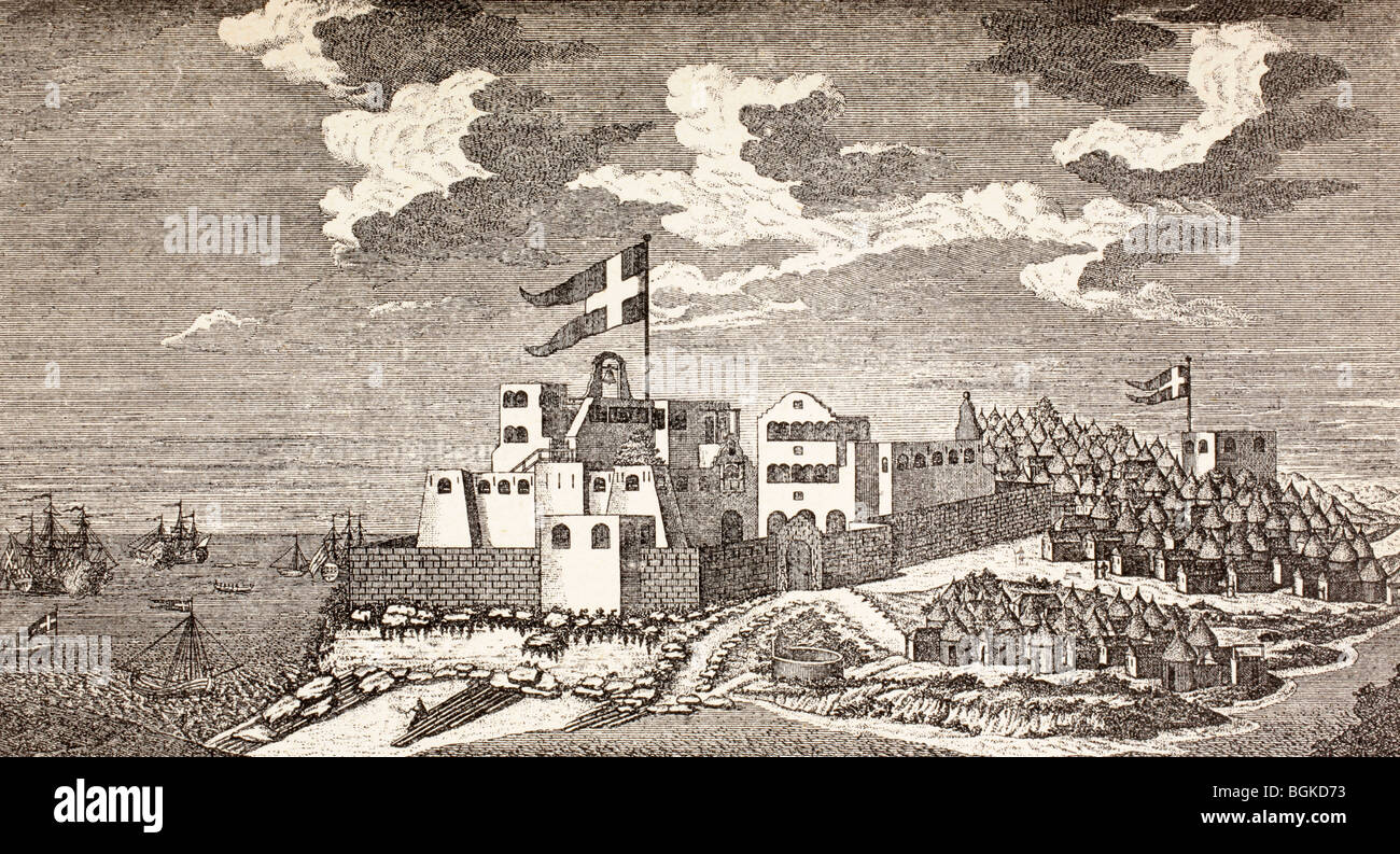 Dänisches Kolonialfort Christiansborg, heute Schloss Osu, Accra, Ghana, wie es 1760 war. Der Außenposten auf der rechten Seite ist Fort Provesten Stockfoto