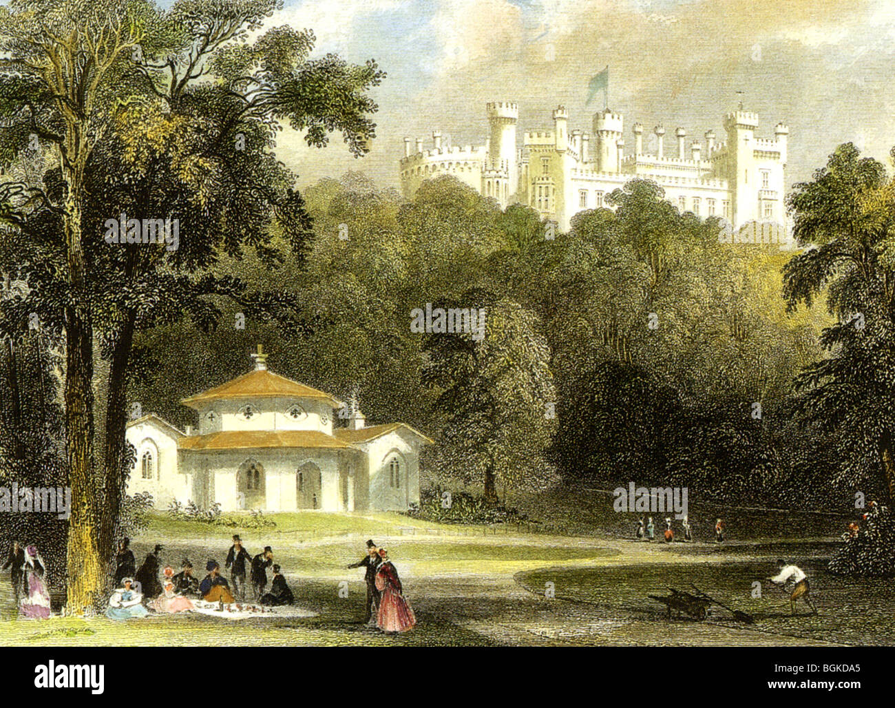 BELVOIR CASTLE, Heimat des Duke von Rutland, war ein beliebter Picknickplatz für frühen Viktorianer, wie in diesem Jahr 1836 Gravur dargestellt Stockfoto