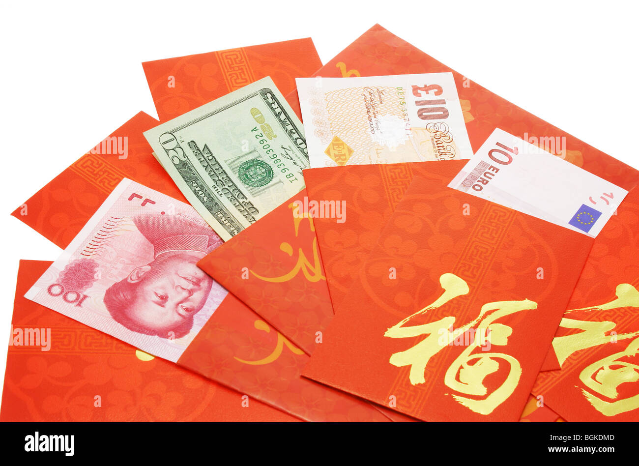 Multi nationale Banknoten in chinesischen rot-Pakete für Chinese New Year Stockfoto