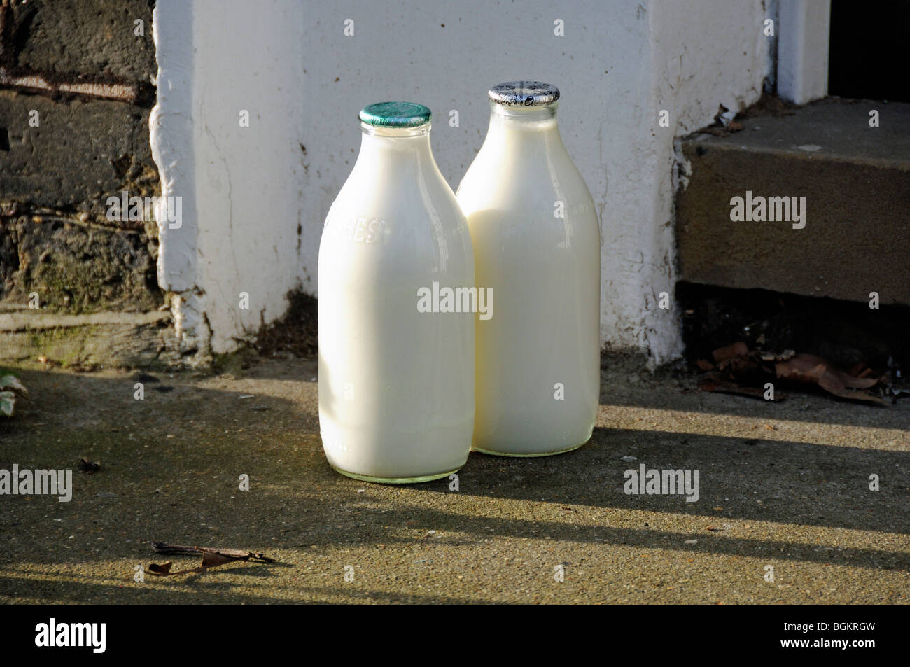 Zwei volle Pint Milchflaschen vor der Haustür, eine grüne Oberseite und eine silberne London England Großbritannien UK Zero Waste Stockfoto