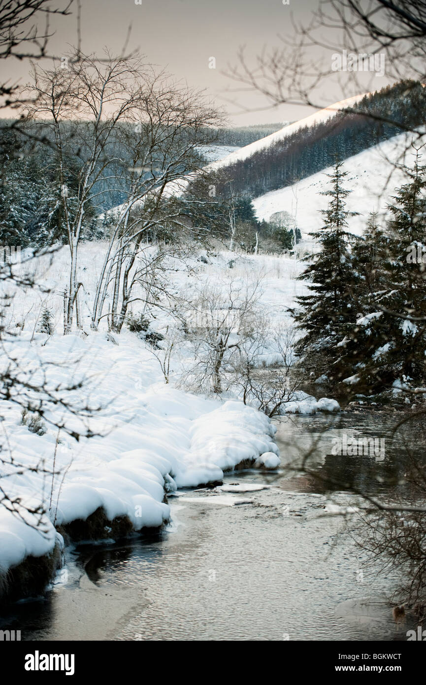 Der obere Wye River Valley in den Schnee nach einigen kalten Tagen, 1. Januar 2010, Powys, Wales UK Stockfoto