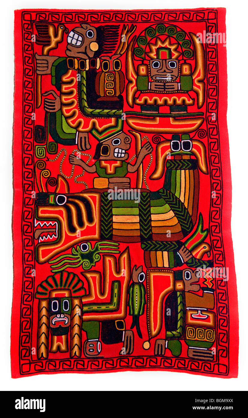 Handgefertigten Wandteppich von den schwimmenden Uros Inseln, Titicacasee, Peru Stockfoto