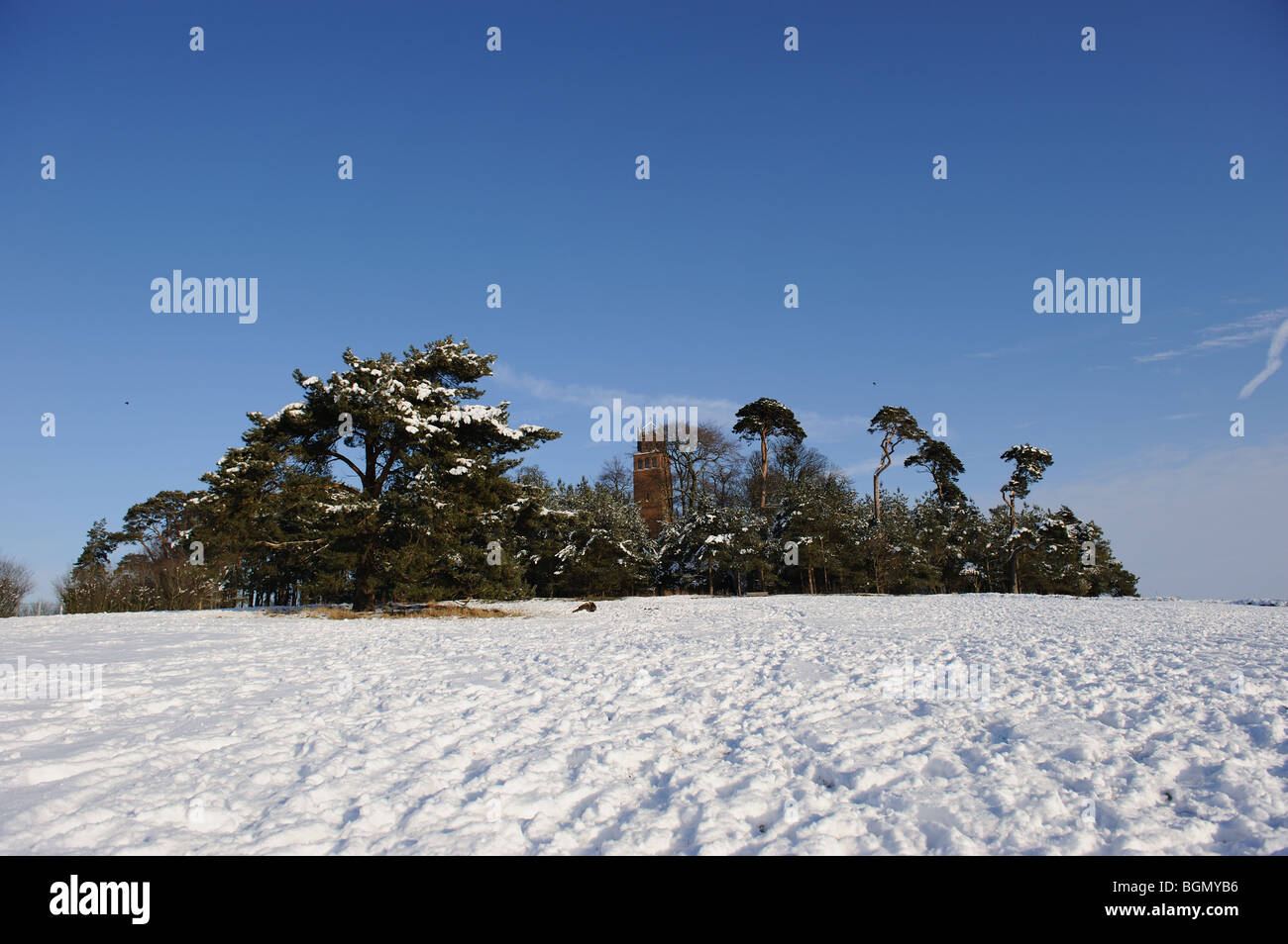 Schnee Landschaft szenischen Bereich Winter Weihnachten Hügel weißes Eis kalten blauen Himmel Bäume Fußabdrücke englische Torheit Turm faringdon Stockfoto