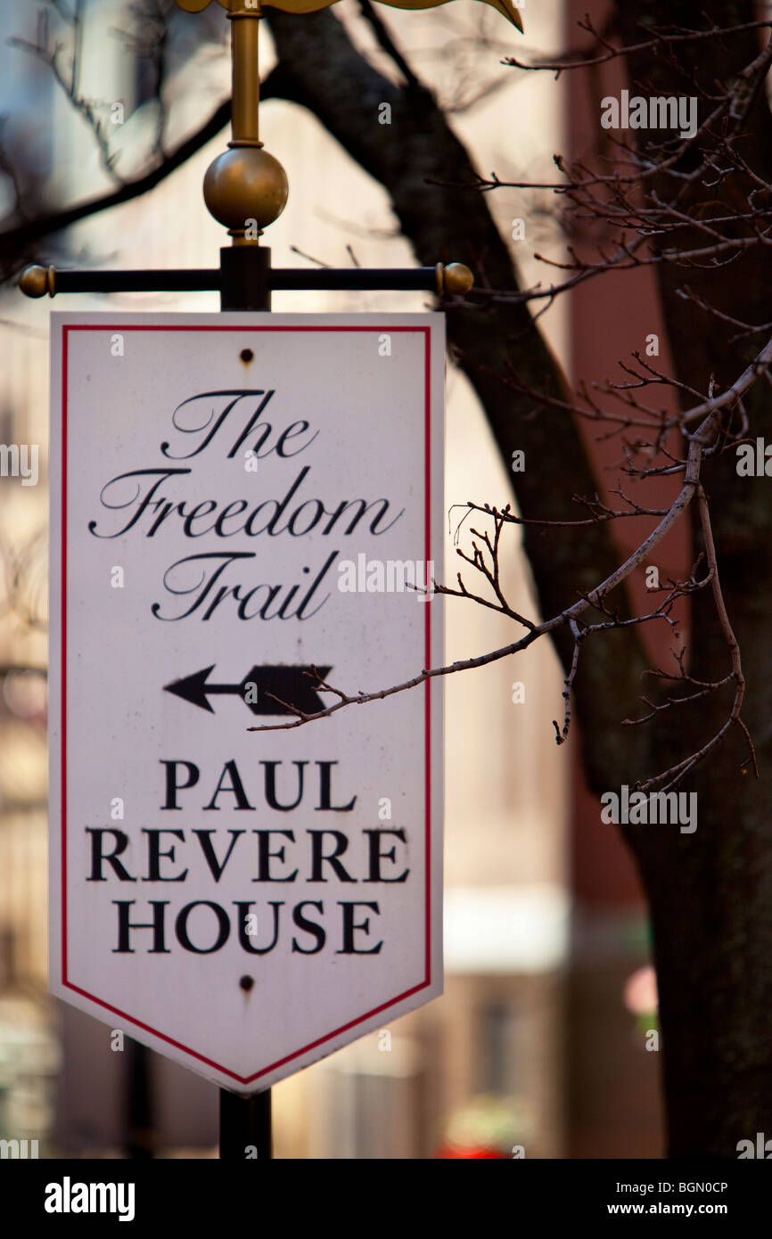 Freedom Trail Zeichen zu Paul Revere House, Boston Massachusetts, USA Stockfoto