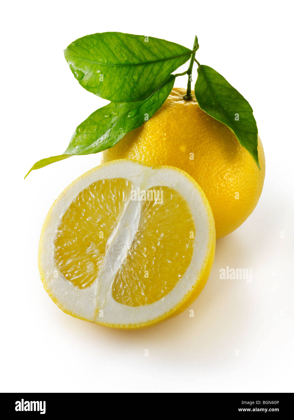Frische ganze und geschnittene geschnittene Grapefruit mit Blättern auf einem weißen Hintergrund Stockfoto
