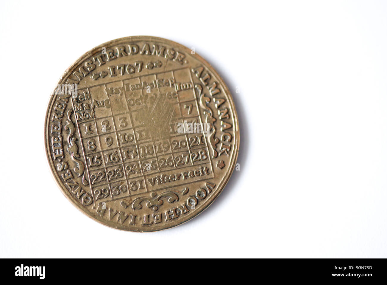 Original antike holländische ewigen Kalender Münze aus dem Jahr 1767. Stockfoto