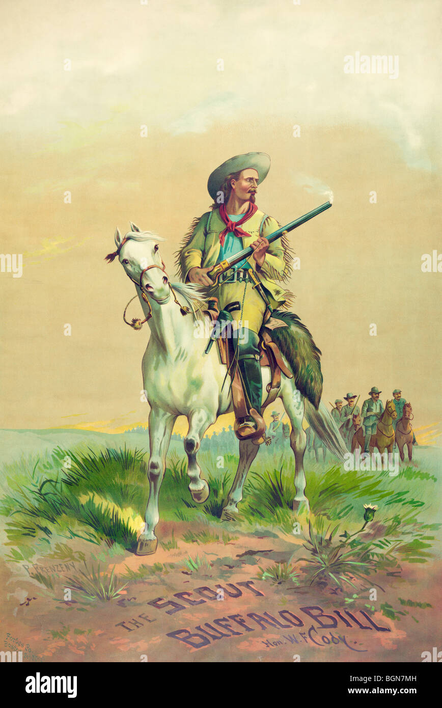 Lithographie drucken c1880s mit Buffalo Bill, alias William Frederick Cody (1846-1917), auf dem Pferd mit einem Raucher-Gewehr. Stockfoto
