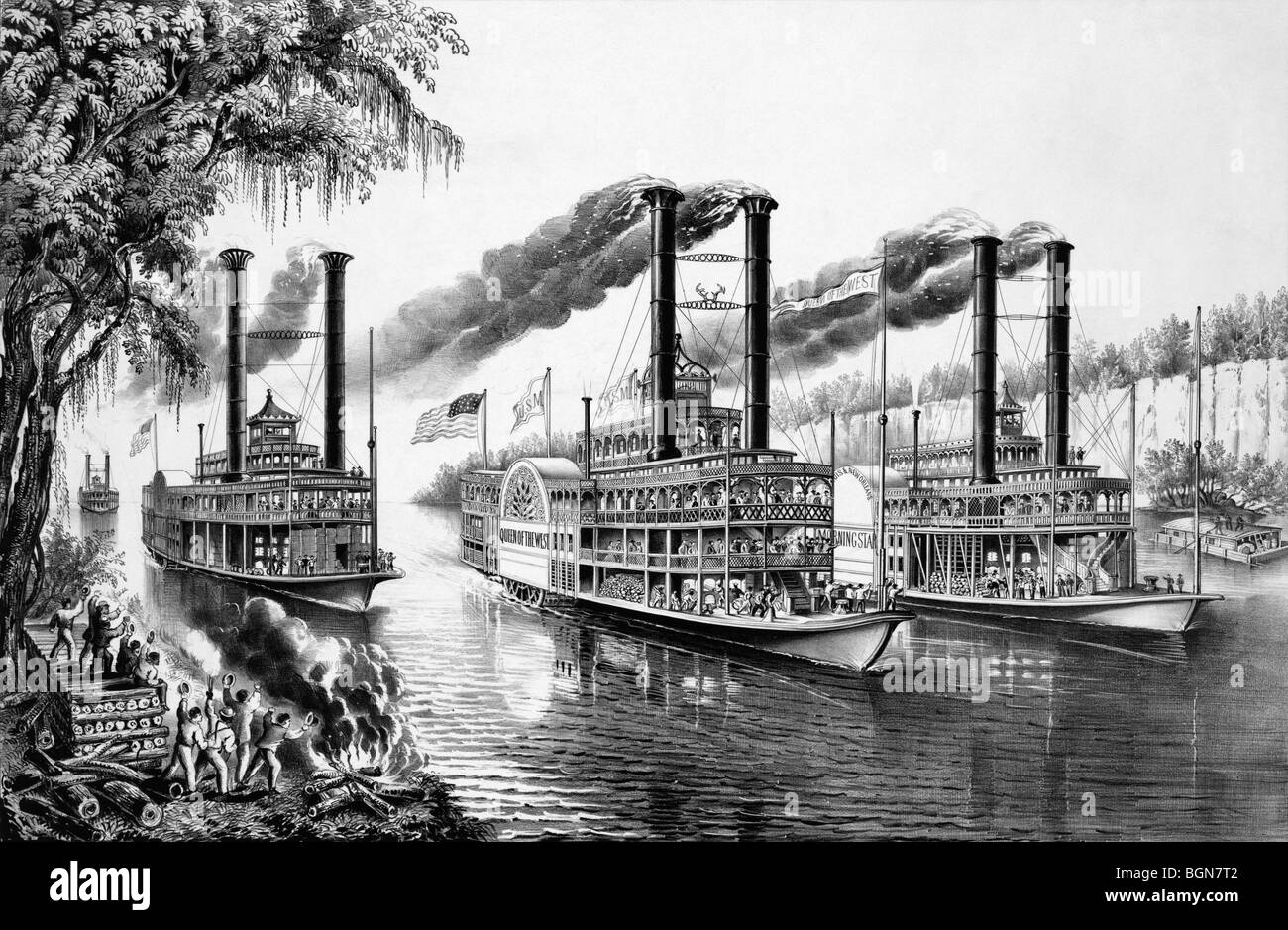 Titel "The Champions des Mississippi - ein Rennen für die Buckhorns" Drucken und Darstellung Dampfschiffe racing entlang des Flusses. Stockfoto