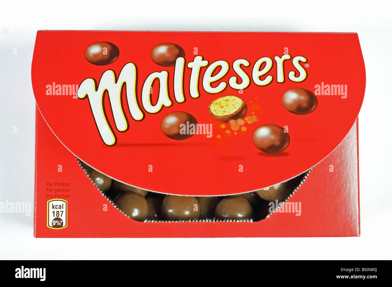 Geöffneten Schachtel Pralinen Maltesers Stockfoto