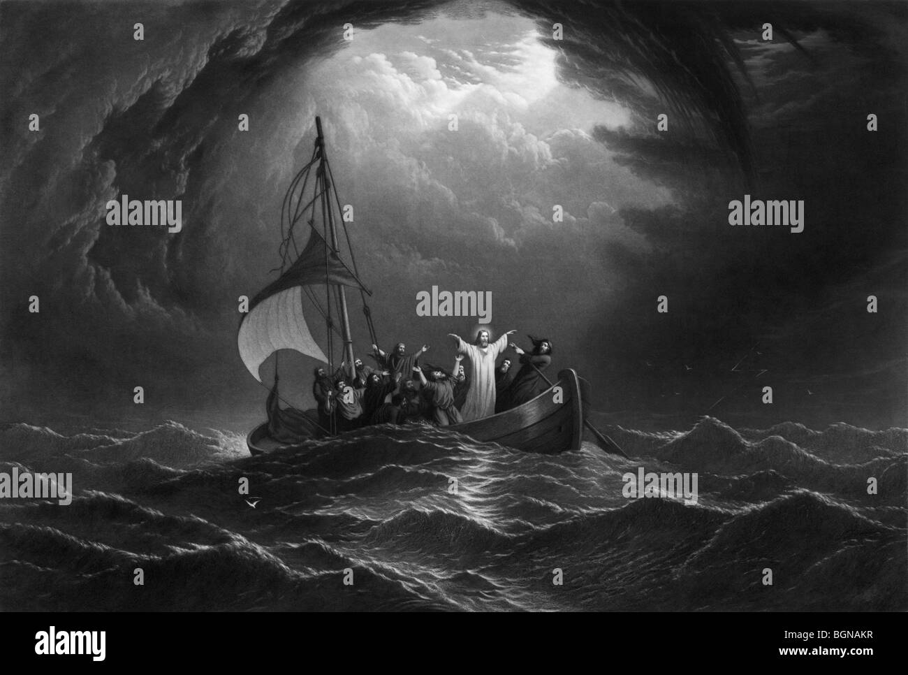 Drucken berechtigt "Christus Stillung der Sturm" und Darstellung eines der Wunder Jesu - beruhigt einen Sturm auf dem See Genezareth. Stockfoto