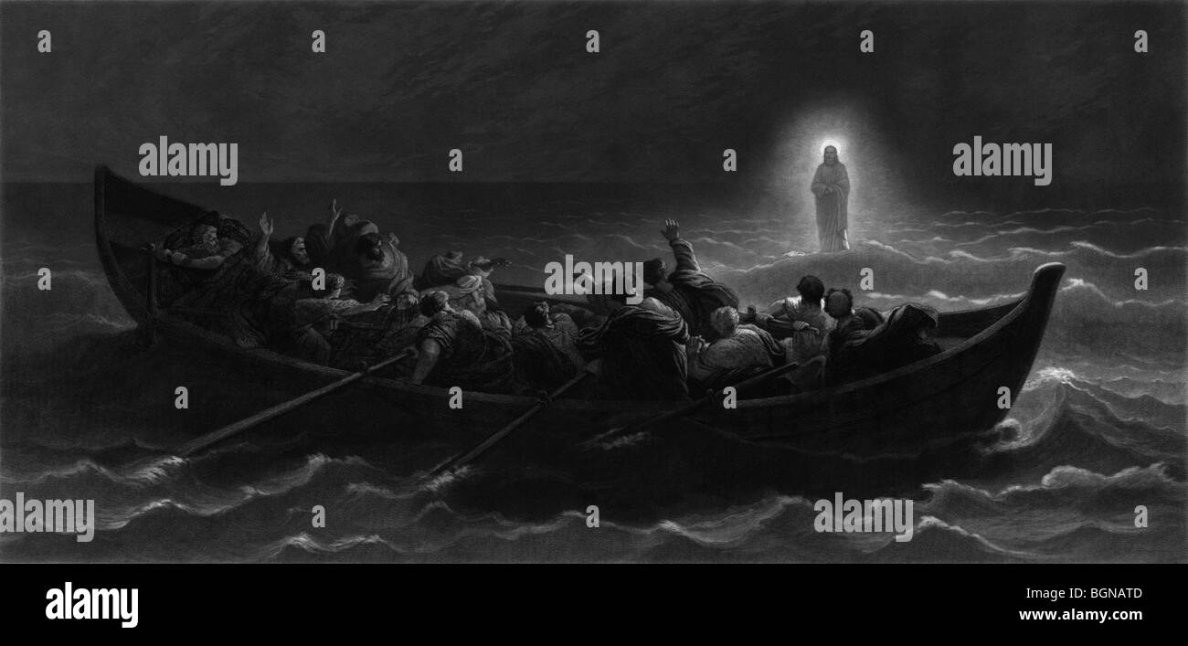 Drucken mit dem Titel "A Night auf dem See Genezareth" Darstellung eines der Wunder Christi - Wandern auf dem Wasser zu seinen Jüngern. Stockfoto