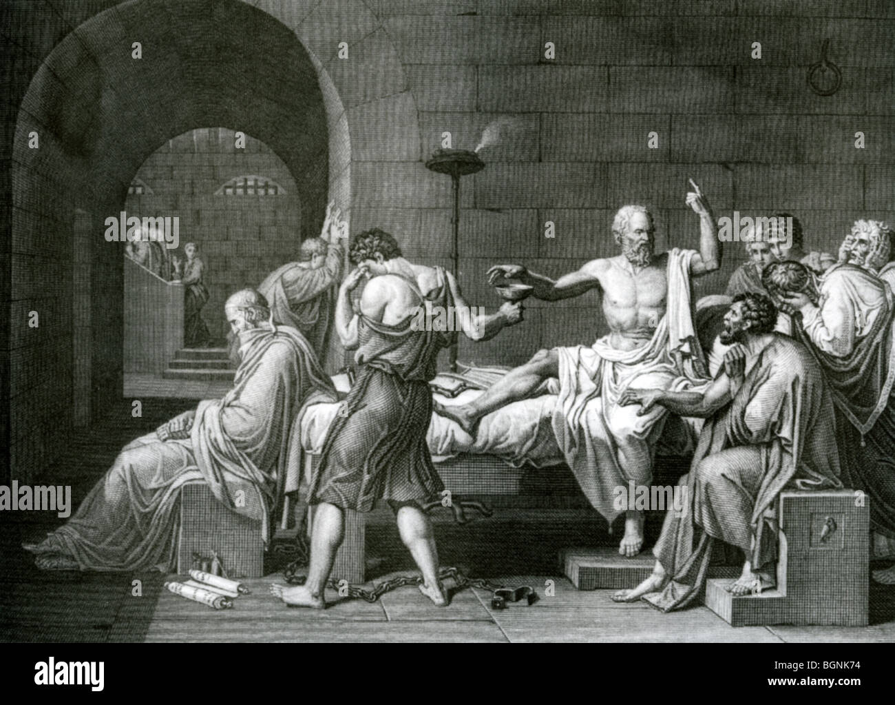 Sokrates - griechischer Philosoph (469-399 v. Chr.) hält Debatten mit Schülern während etwa, um Selbstmord zu begehen, durch das Trinken von hemlock Stockfoto