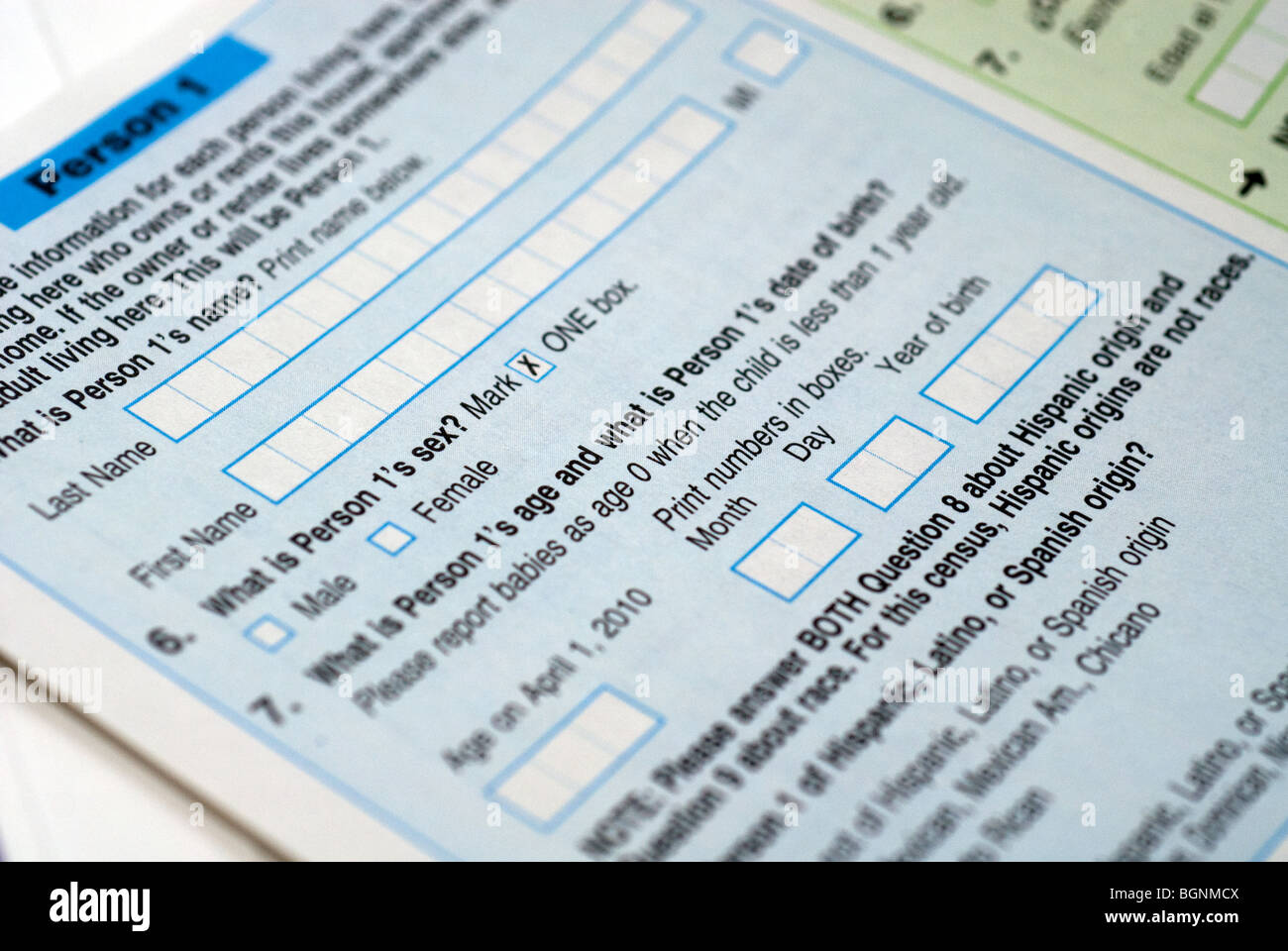 Ein Beispielformular US-Volkszählung ist in New York gesehen. Stockfoto