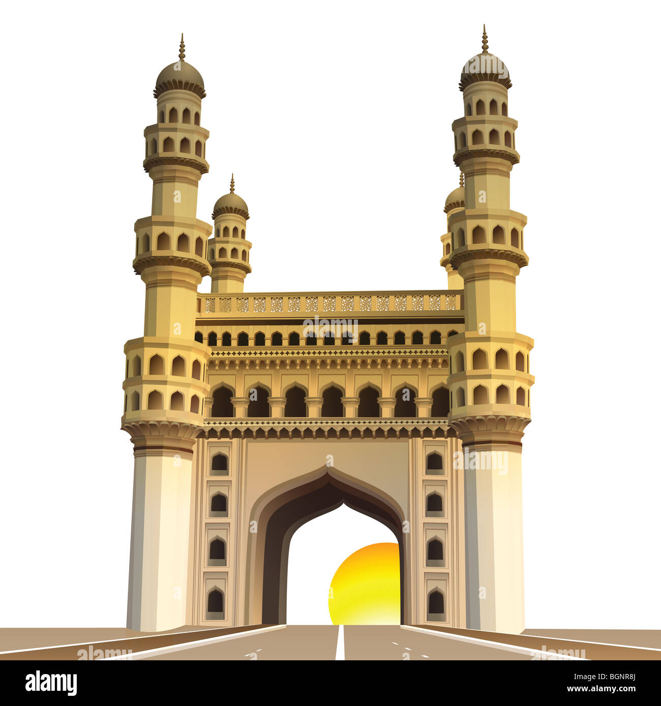 Ansicht der Charminar, mit Sonne und weißen Hintergrund Stockfoto