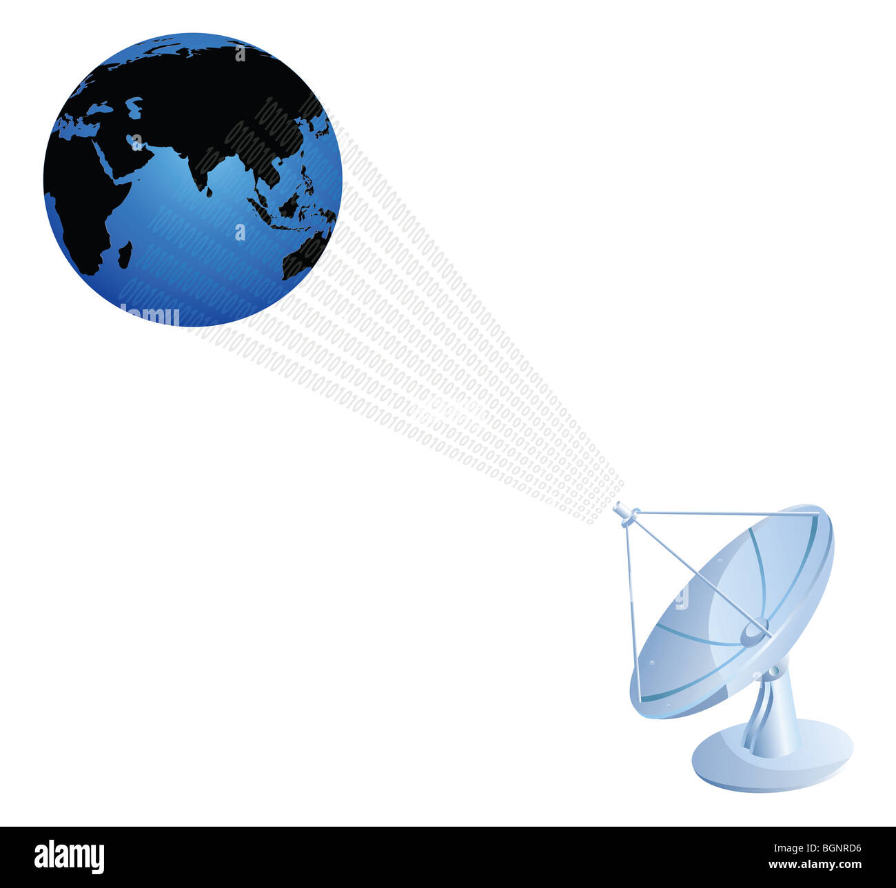 Satelliten kommunizieren mit der Weltkugel, Binärziffern Stockfoto
