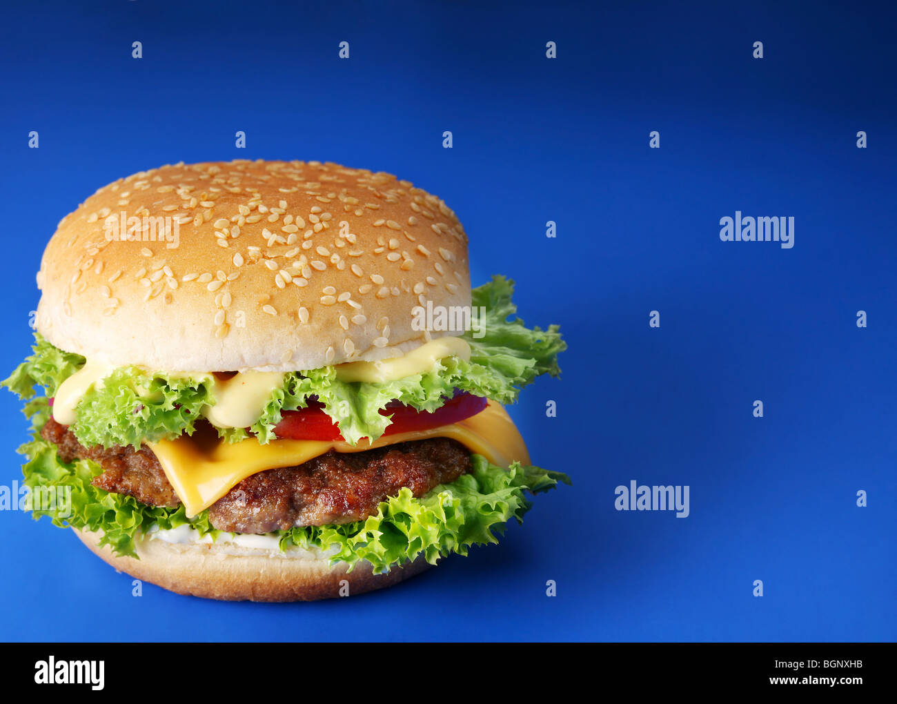 Cheeseburger auf blauem Hintergrund Stockfoto