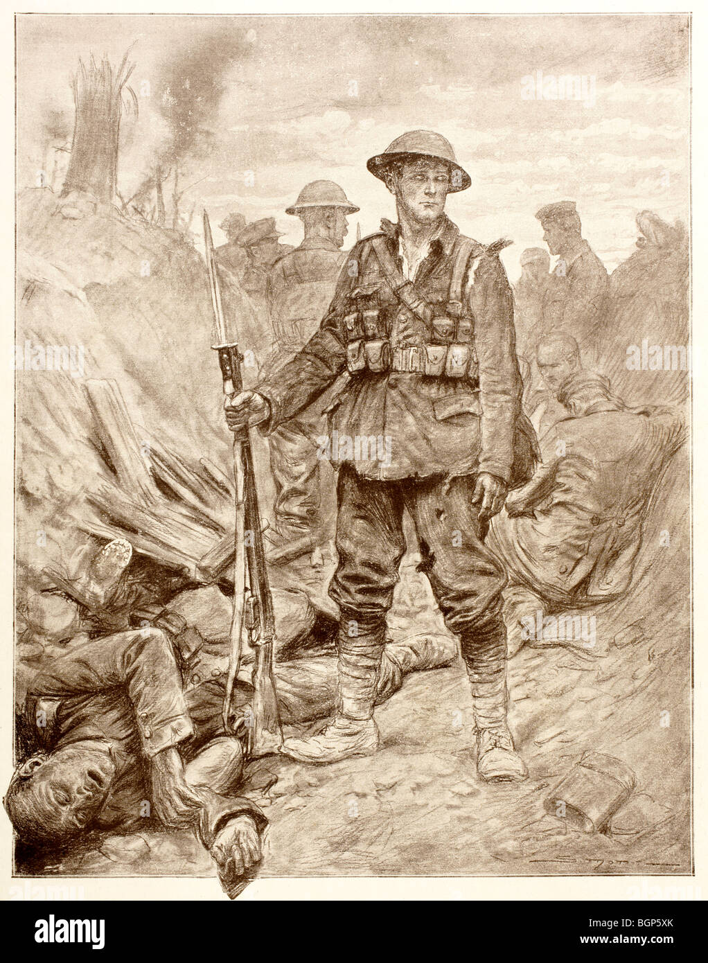 Ein britischer Soldat steht mit festen Bajonett in einem Graben neben einem Toten deutschen Soldaten während des ersten Weltkrieges. Stockfoto