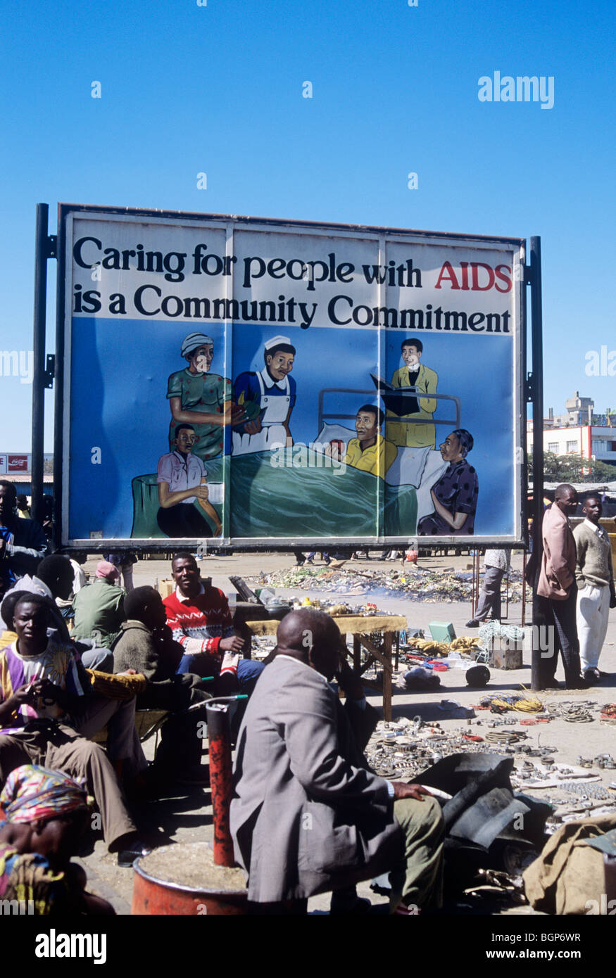 AIDS-Plakat Warnung vor sexuell übertragbaren Krankheiten in Sambia und Beratung von Community-Pflege für die betroffenen Stockfoto