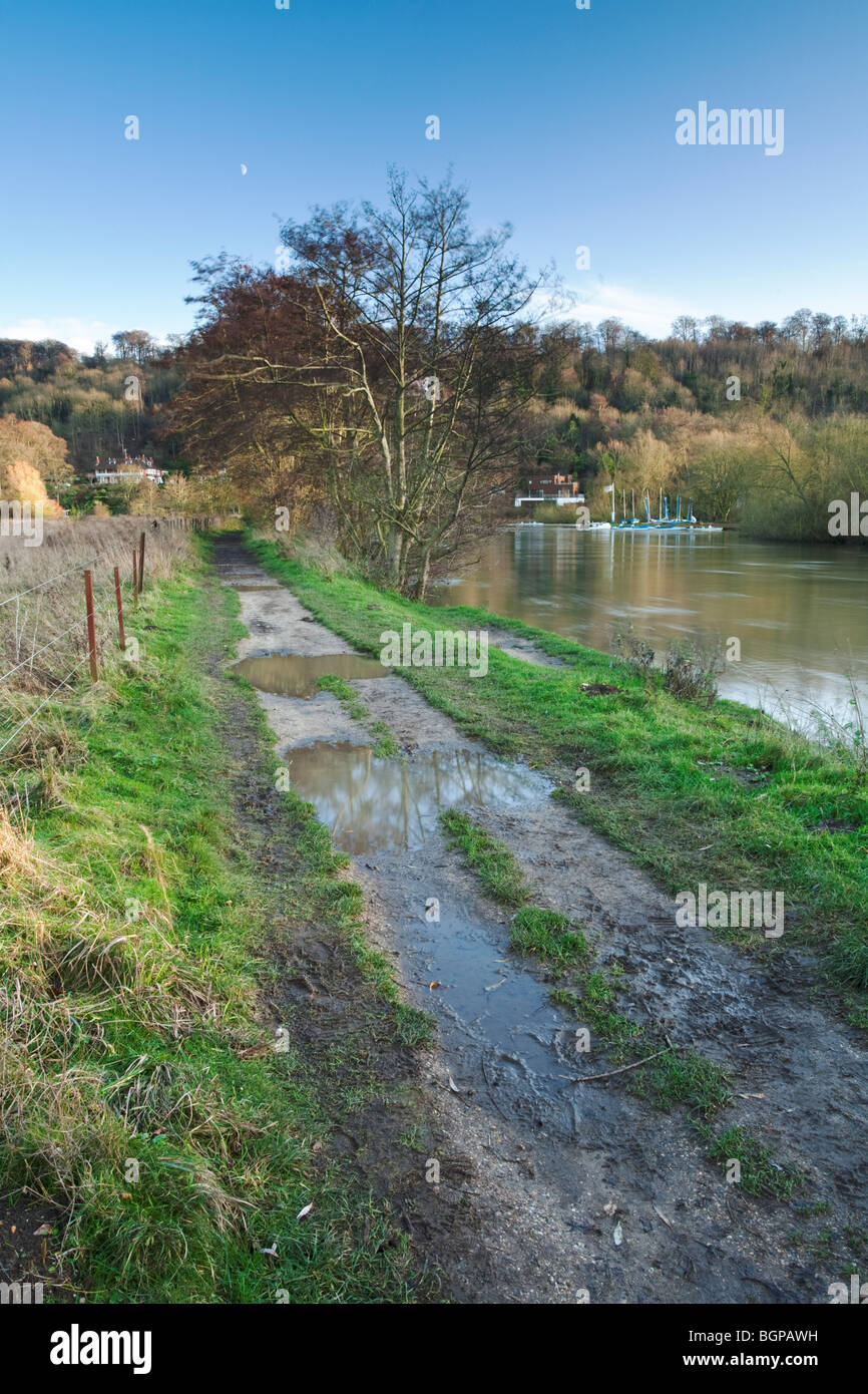 Themse und Thames Path flussabwärts von Marlow, Buckinghamshire, Großbritannien Stockfoto