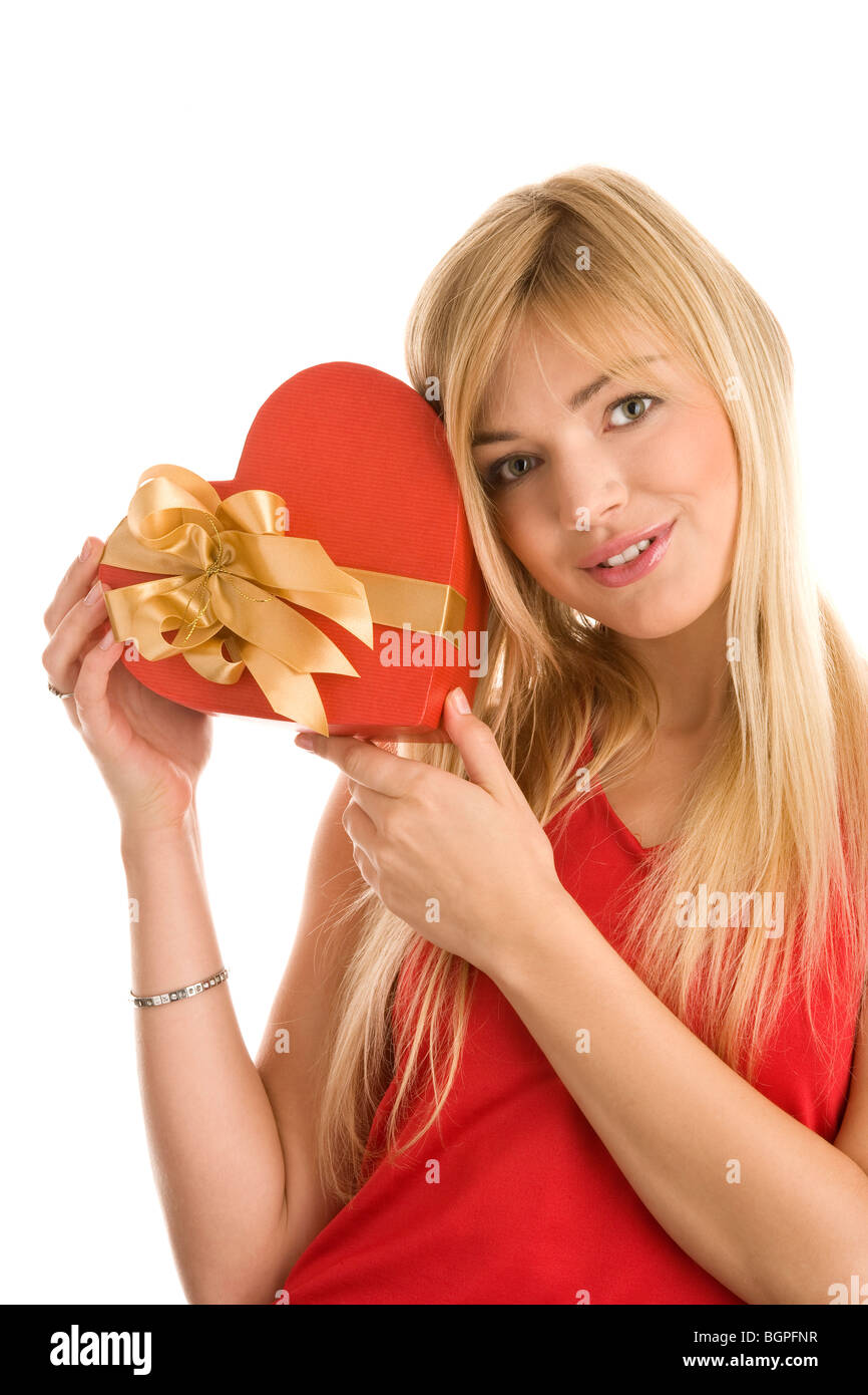 Frau mit Herz Geschenk Stockfoto