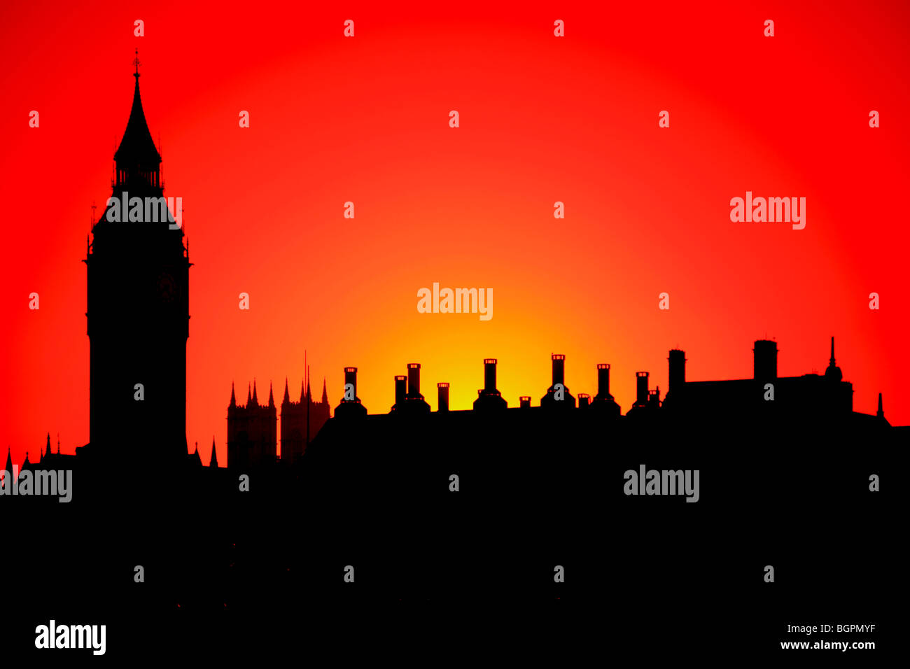 Sonnenuntergang Big Ben Clock Häuser des Parlaments Nordufer Fluss Themse Westminster London City England UK Stockfoto