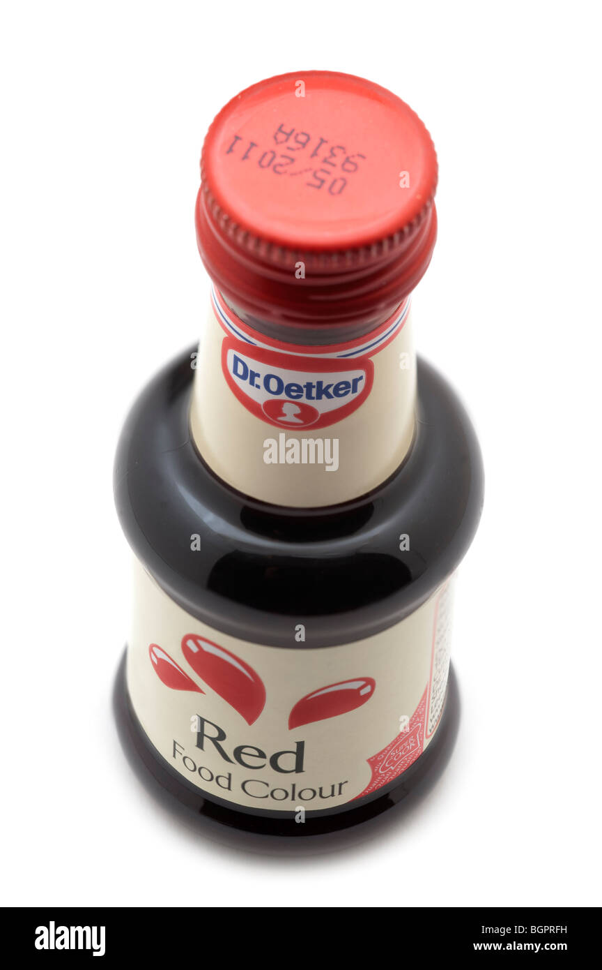 Flasche "Dr. Oetker" rote Lebensmittelfarbe Farbe Stockfoto