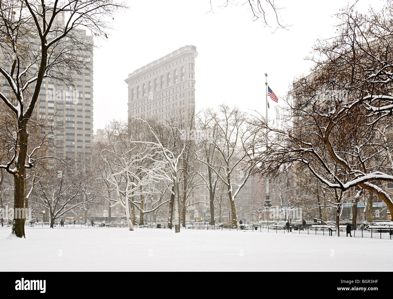 Flatiron Building Madison Square Park Winter Schneesturm Stockfoto