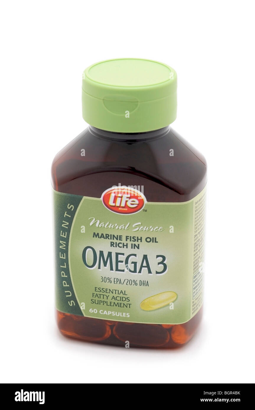 Flasche mit Omega-3 Ergänzung Kapseln Stockfoto