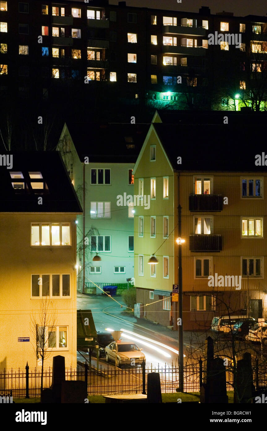 Häuser in der Nacht, Göteborg. Stockfoto